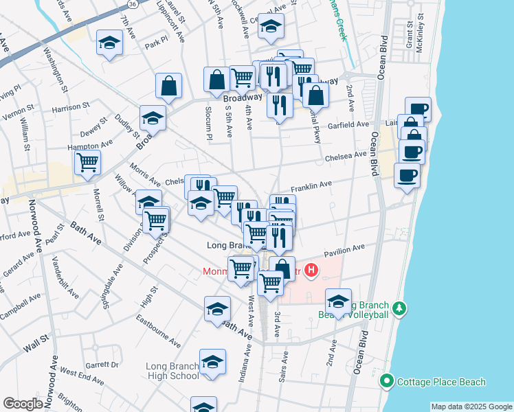 map of restaurants, bars, coffee shops, grocery stores, and more near 170 Westwood Avenue in Long Branch