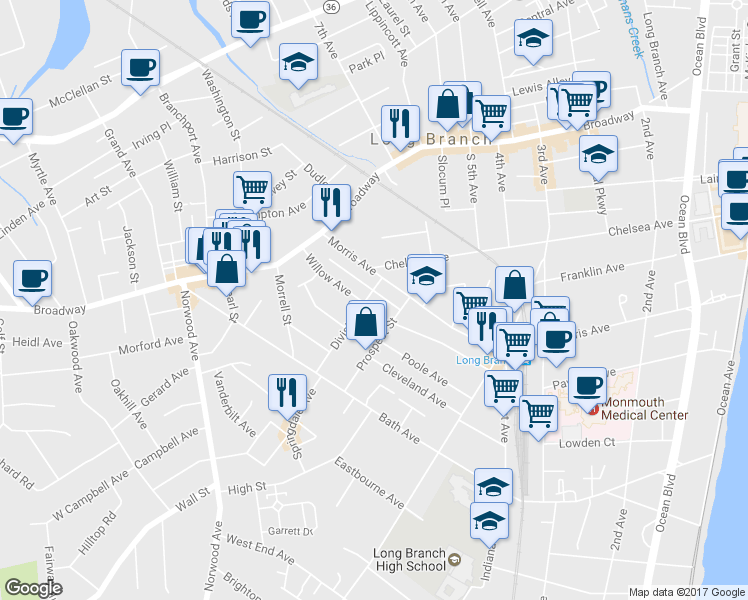 map of restaurants, bars, coffee shops, grocery stores, and more near 380 Division Street in Long Branch
