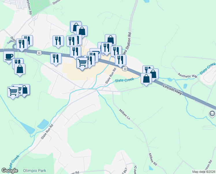map of restaurants, bars, coffee shops, grocery stores, and more near 1 Willowbrook Drive in Greensburg