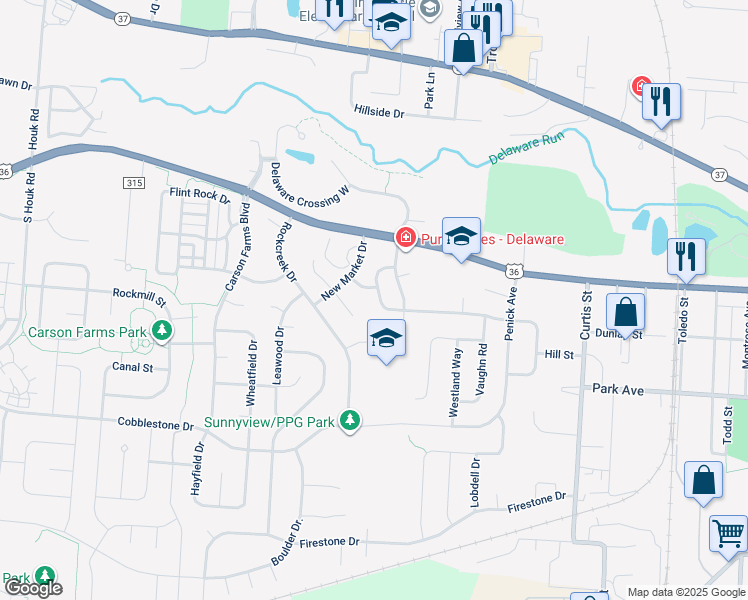 map of restaurants, bars, coffee shops, grocery stores, and more near 263 Richards Circle in Delaware
