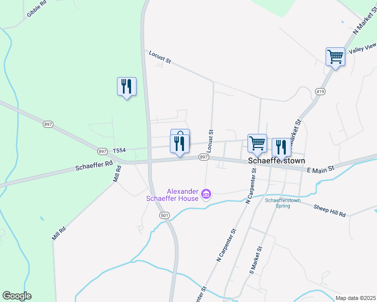 map of restaurants, bars, coffee shops, grocery stores, and more near 1160 Heidelberg Avenue in Schaefferstown