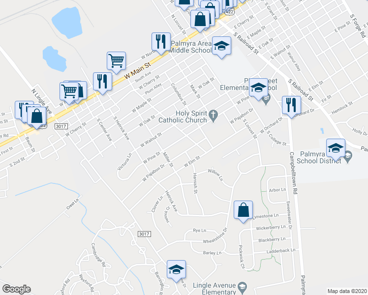 map of restaurants, bars, coffee shops, grocery stores, and more near 611 West Pajabon Drive in Palmyra