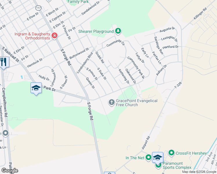 map of restaurants, bars, coffee shops, grocery stores, and more near 1351 South Duke Street in Palmyra