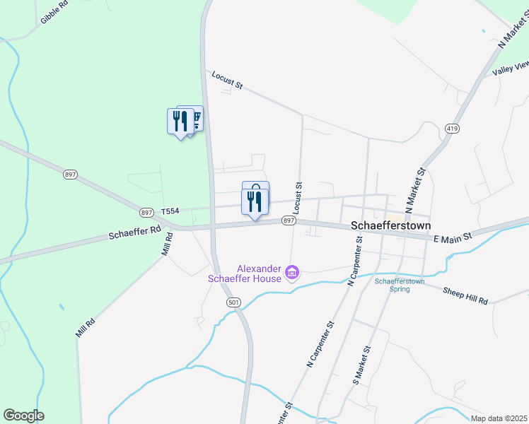 map of restaurants, bars, coffee shops, grocery stores, and more near 1160 Heidelberg Avenue in Schaefferstown