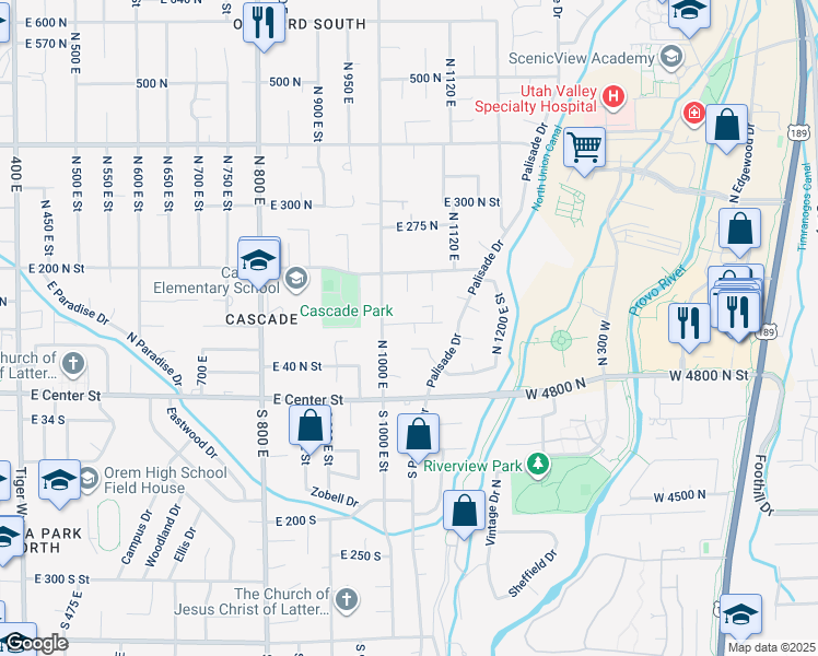 map of restaurants, bars, coffee shops, grocery stores, and more near 1040 East 120 North in Orem