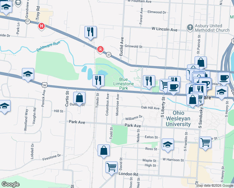 map of restaurants, bars, coffee shops, grocery stores, and more near 303 West William Street in Delaware