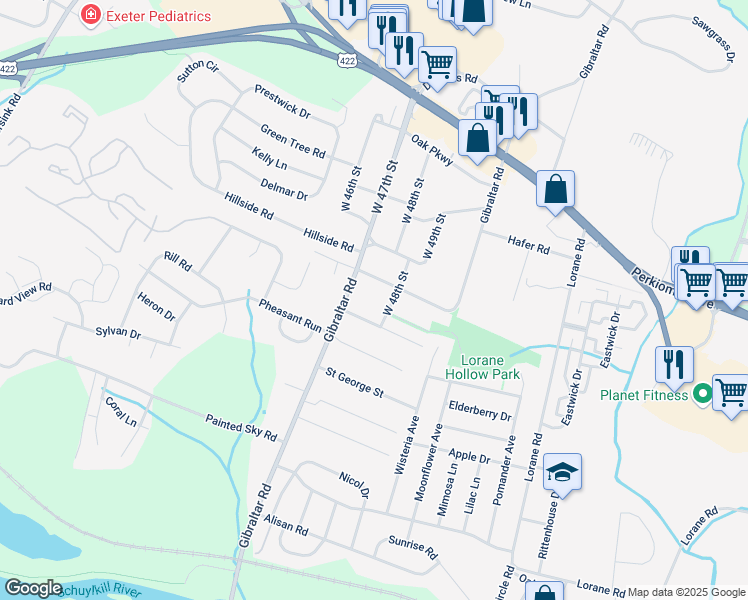map of restaurants, bars, coffee shops, grocery stores, and more near 412 West 48th Street in Reading