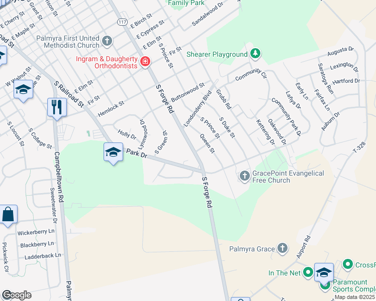 map of restaurants, bars, coffee shops, grocery stores, and more near 1253 S Forge Rd in Palmyra