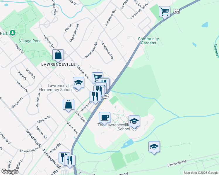 map of restaurants, bars, coffee shops, grocery stores, and more near 2711 Lawrenceville Road in Lawrence Township