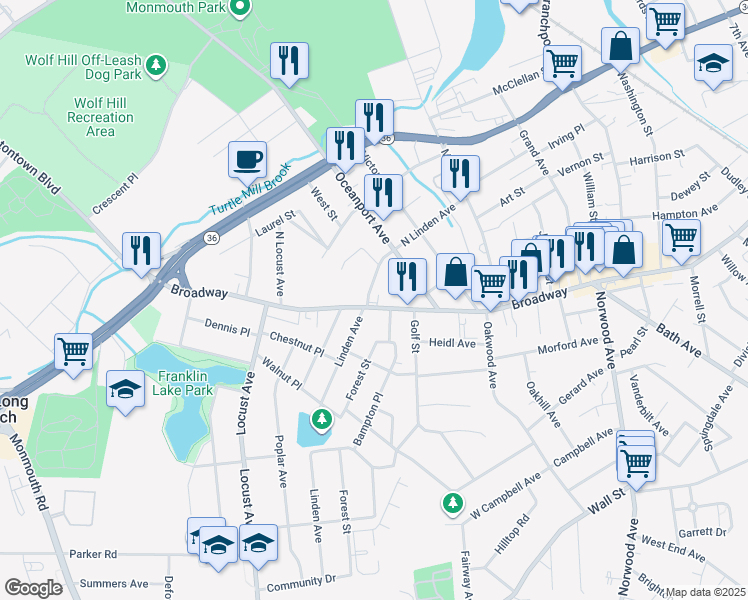 map of restaurants, bars, coffee shops, grocery stores, and more near 891 Broadway in West Long Branch