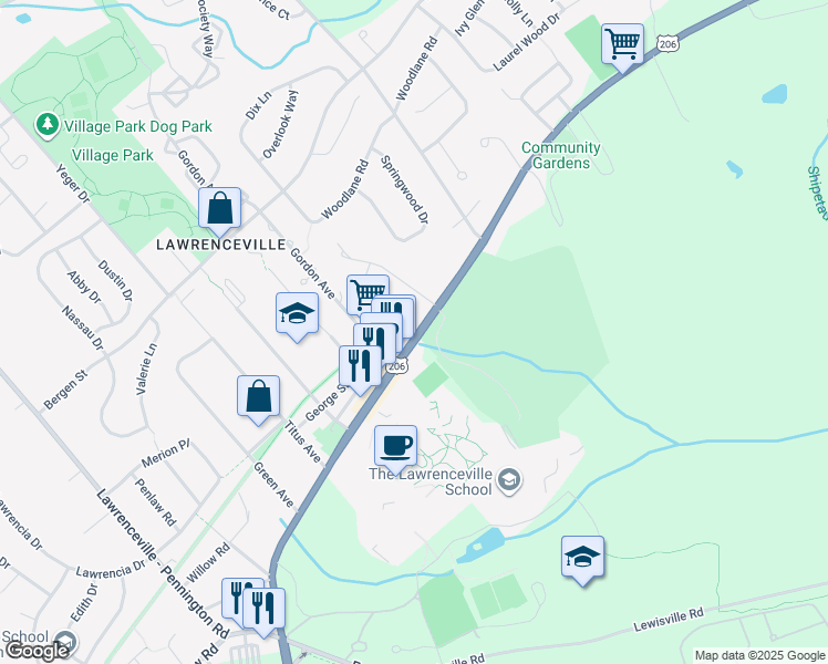 map of restaurants, bars, coffee shops, grocery stores, and more near 2711 Lawrenceville Road in Lawrence Township