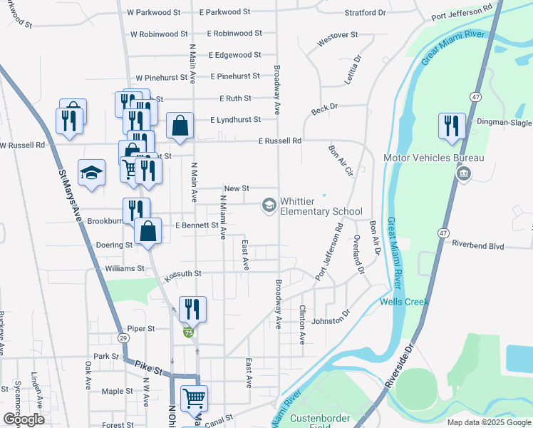 map of restaurants, bars, coffee shops, grocery stores, and more near 425 Belmont Street in Sidney