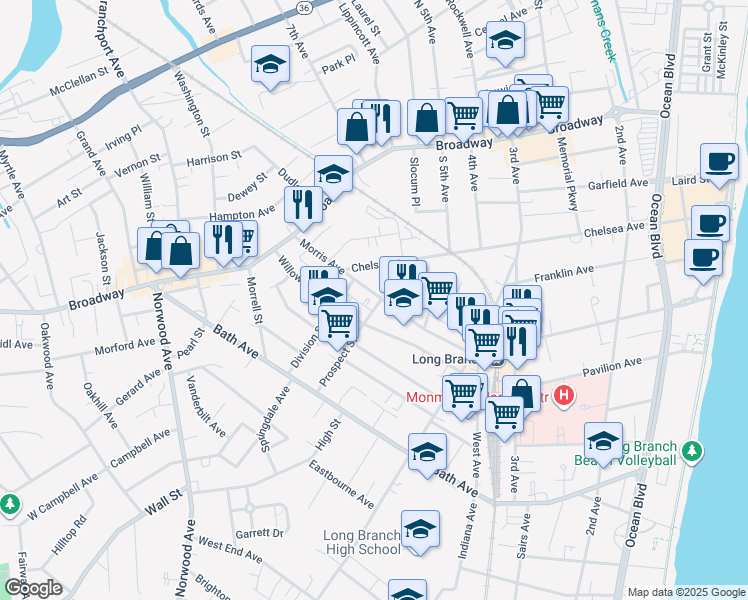 map of restaurants, bars, coffee shops, grocery stores, and more near 366 Prospect Street in Long Branch