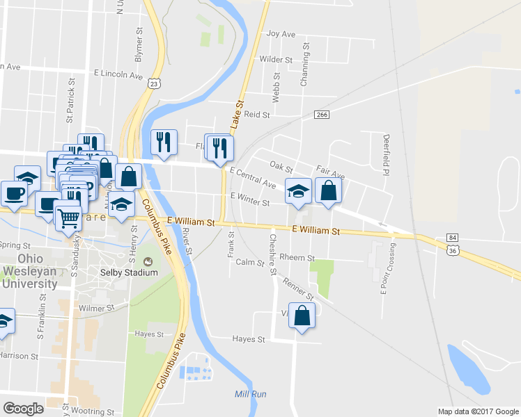 map of restaurants, bars, coffee shops, grocery stores, and more near 222 East Winter Street in Delaware