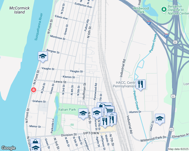 map of restaurants, bars, coffee shops, grocery stores, and more near 640 Alricks Street in Harrisburg