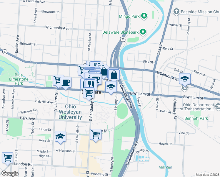 map of restaurants, bars, coffee shops, grocery stores, and more near 47 U.S. 36 in Delaware