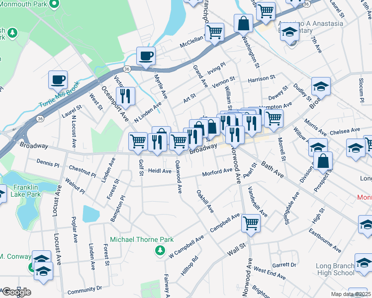 map of restaurants, bars, coffee shops, grocery stores, and more near 689 Broadway in Long Branch