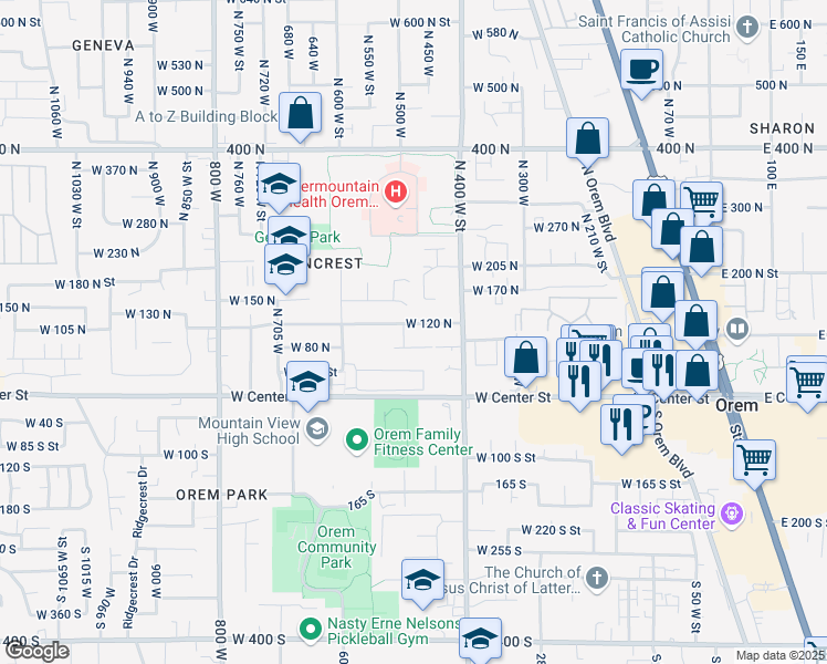 map of restaurants, bars, coffee shops, grocery stores, and more near 483 West 120 North in Orem