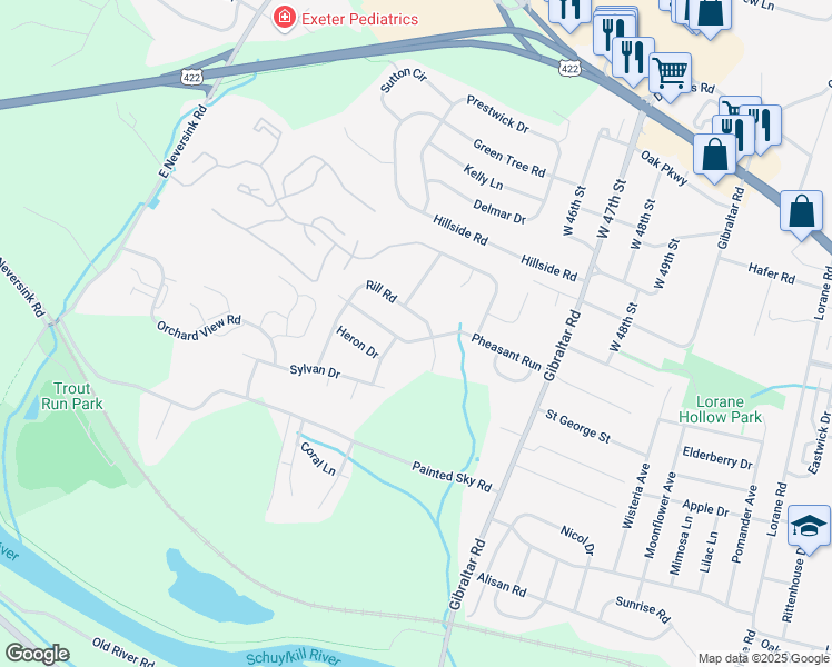 map of restaurants, bars, coffee shops, grocery stores, and more near 4496 Pheasant Run in Reading