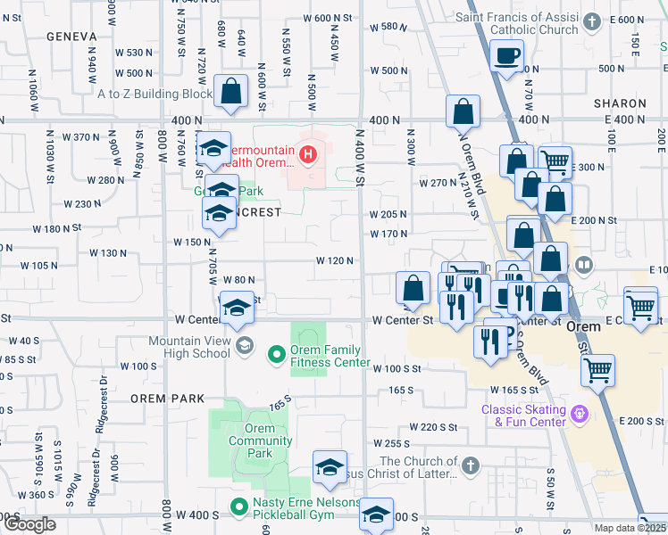 map of restaurants, bars, coffee shops, grocery stores, and more near 483 West 120 North in Orem