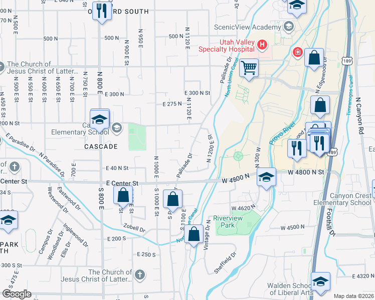 map of restaurants, bars, coffee shops, grocery stores, and more near 105 North Palisades Drive in Orem