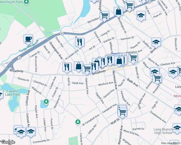 map of restaurants, bars, coffee shops, grocery stores, and more near 689 Broadway in Long Branch