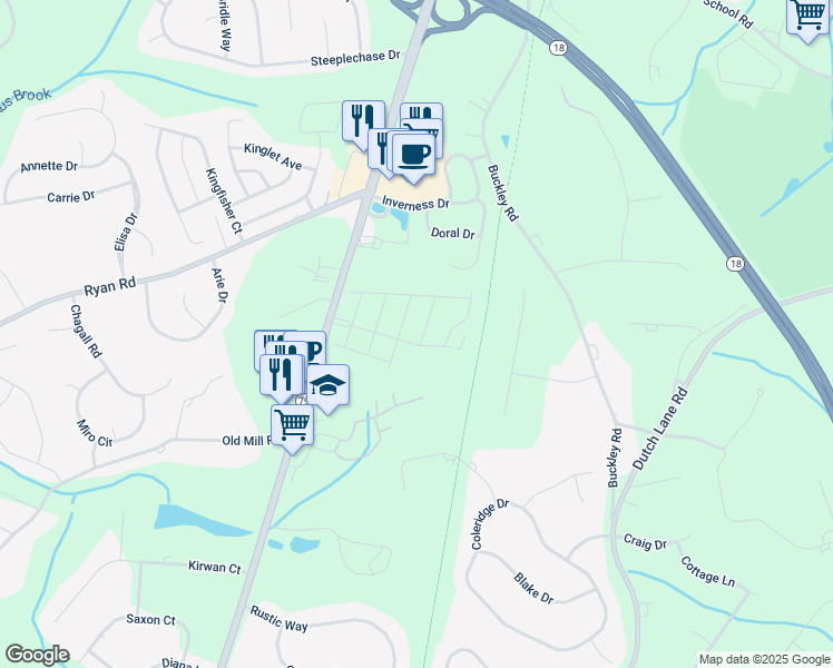 map of restaurants, bars, coffee shops, grocery stores, and more near 1603 Wrangler Avenue in Marlboro Township