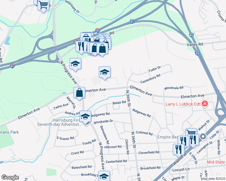 map of restaurants, bars, coffee shops, grocery stores, and more near 3519 Elmerton Avenue in Harrisburg