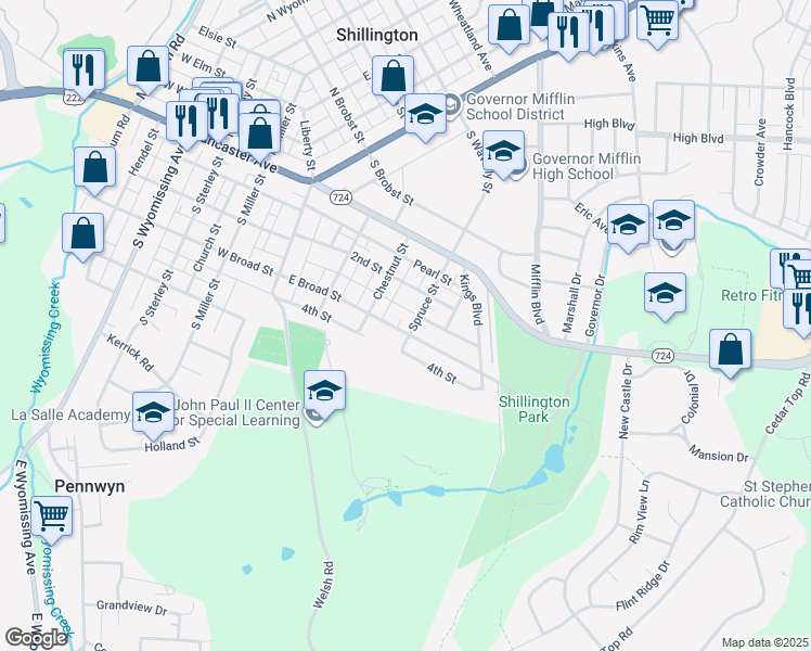 map of restaurants, bars, coffee shops, grocery stores, and more near 225 East Broad Street in Shillington