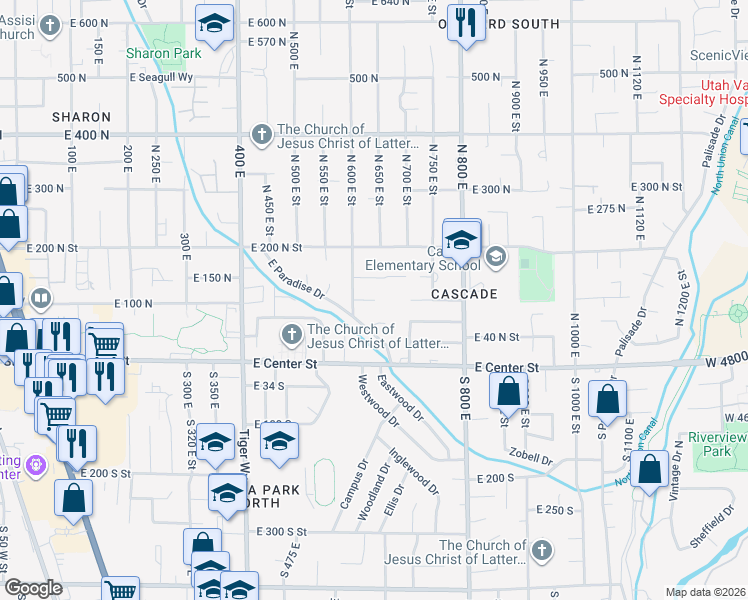 map of restaurants, bars, coffee shops, grocery stores, and more near 600 100 North in Orem