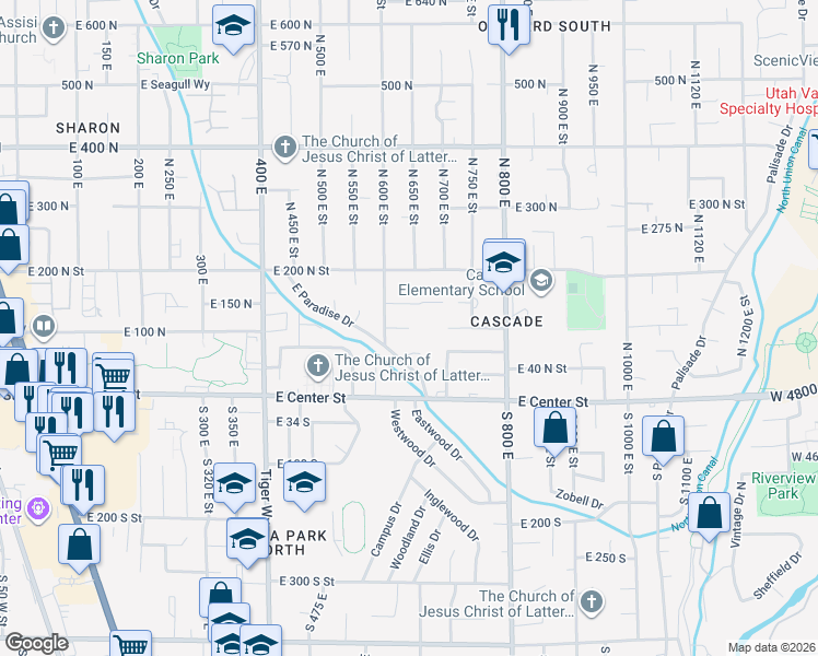 map of restaurants, bars, coffee shops, grocery stores, and more near 600 100 North in Orem