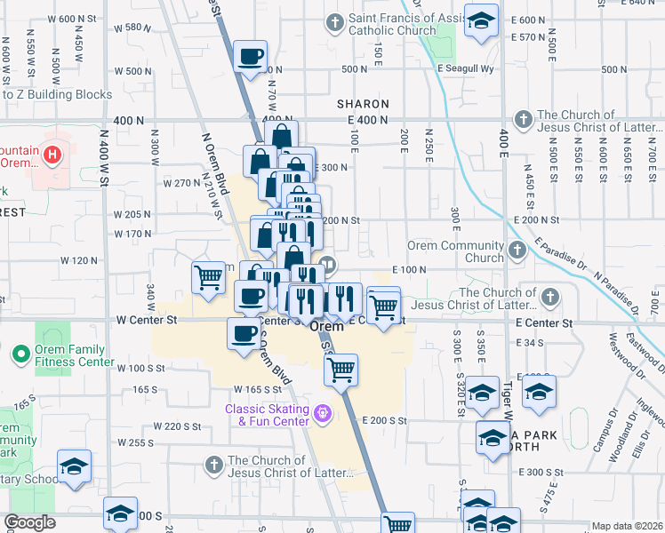map of restaurants, bars, coffee shops, grocery stores, and more near 47 100 North in Orem