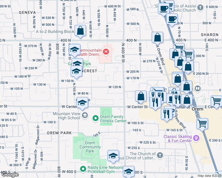 map of restaurants, bars, coffee shops, grocery stores, and more near 483 West 120 North in Orem