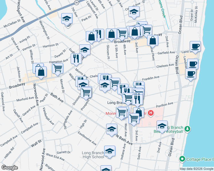 map of restaurants, bars, coffee shops, grocery stores, and more near 133 7th Avenue in Long Branch