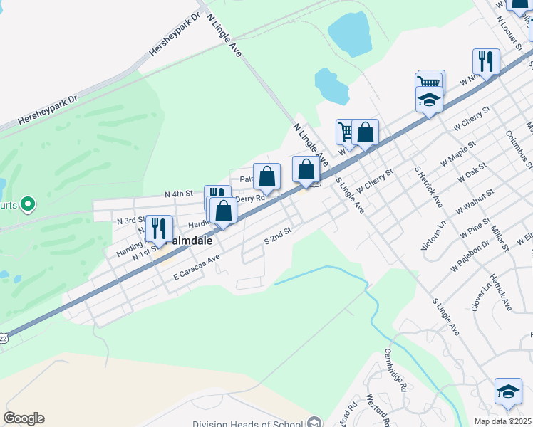 map of restaurants, bars, coffee shops, grocery stores, and more near 1644 East Chocolate Avenue in Hershey