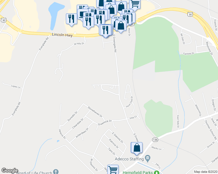 map of restaurants, bars, coffee shops, grocery stores, and more near 398 Ruff Grouse Court in Greensburg