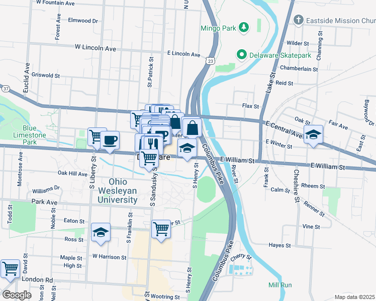 map of restaurants, bars, coffee shops, grocery stores, and more near 47 U.S. 36 in Delaware