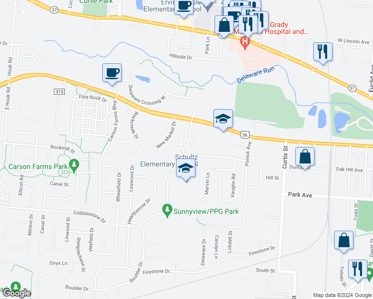 map of restaurants, bars, coffee shops, grocery stores, and more near 263 Richards Circle in Delaware