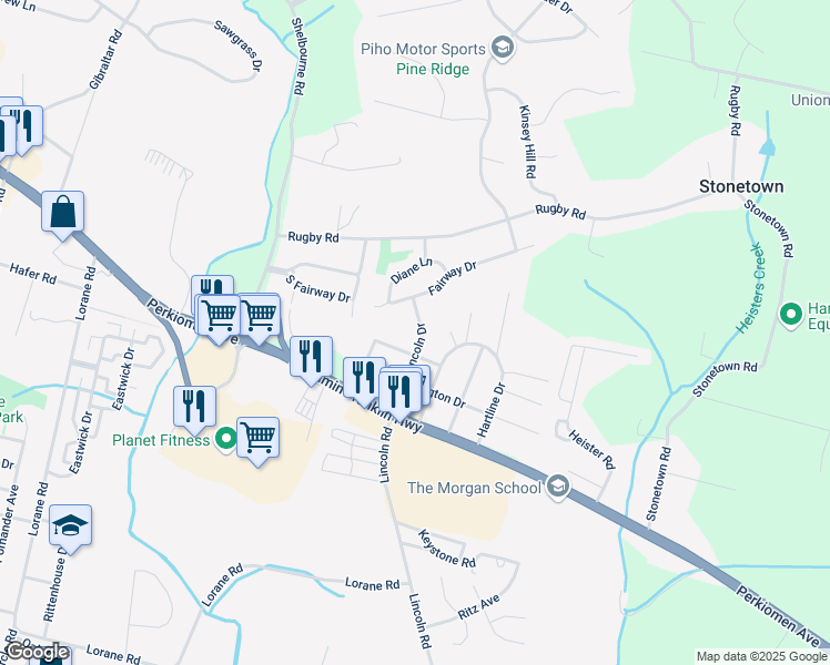 map of restaurants, bars, coffee shops, grocery stores, and more near 204 Lincoln Dr in Reading