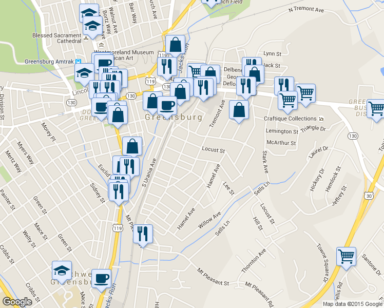 map of restaurants, bars, coffee shops, grocery stores, and more near 445 Vine Street in Greensburg