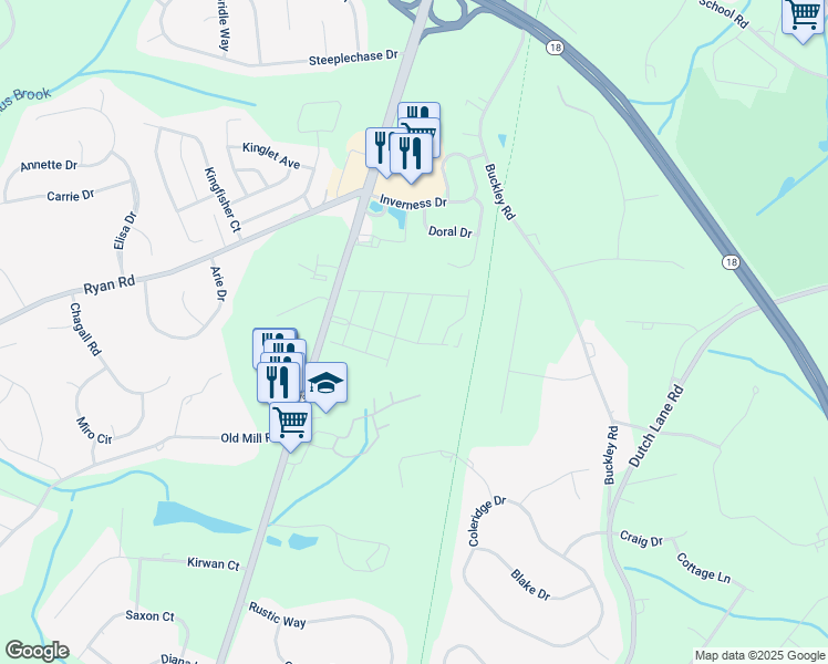 map of restaurants, bars, coffee shops, grocery stores, and more near 1603 Wrangler Avenue in Marlboro Township