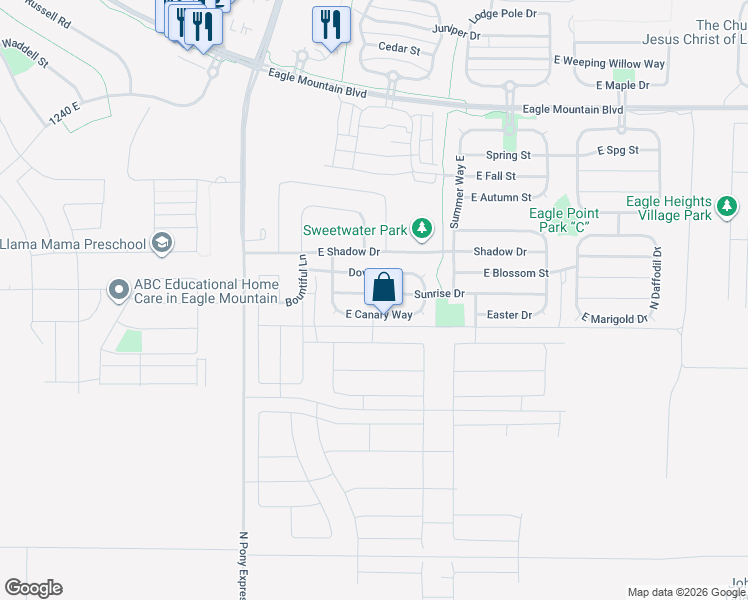 map of restaurants, bars, coffee shops, grocery stores, and more near 1786 Sunrise Drive in Eagle Mountain