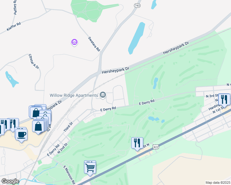 map of restaurants, bars, coffee shops, grocery stores, and more near 16 Carousel Circle in Hershey