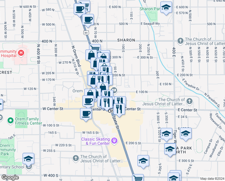 map of restaurants, bars, coffee shops, grocery stores, and more near 47 100 North in Orem