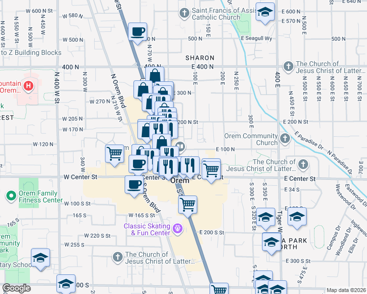 map of restaurants, bars, coffee shops, grocery stores, and more near 47 100 North in Orem