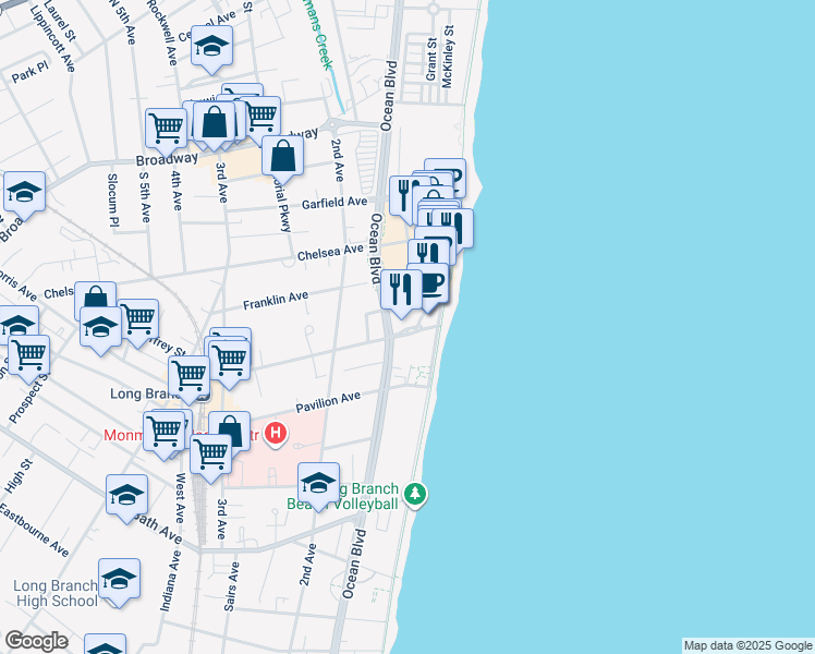 map of restaurants, bars, coffee shops, grocery stores, and more near 15 Morris Avenue in Long Branch