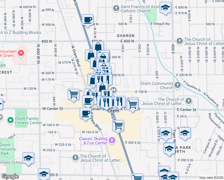 map of restaurants, bars, coffee shops, grocery stores, and more near 47 100 North in Orem
