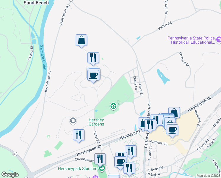 map of restaurants, bars, coffee shops, grocery stores, and more near 100 Hotel Road in Hershey