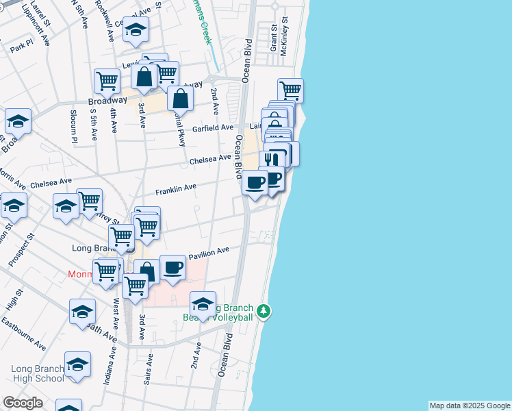 map of restaurants, bars, coffee shops, grocery stores, and more near 15 Morris Avenue in Long Branch