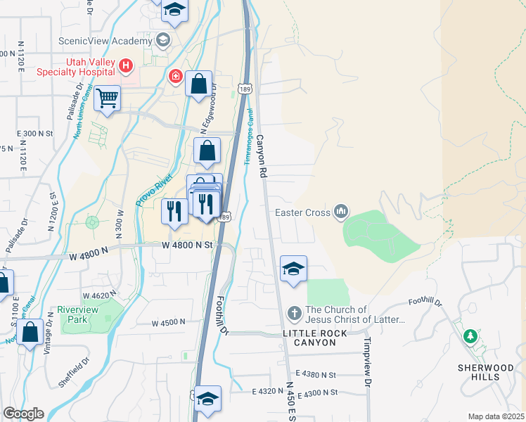 map of restaurants, bars, coffee shops, grocery stores, and more near 4925 North Canyon Road in Provo